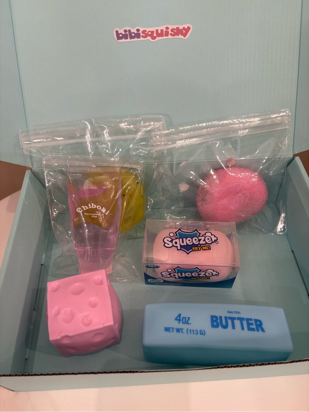 Potato & pink slush squish. Crunchy soap & butter squish. Pink moldable cheese